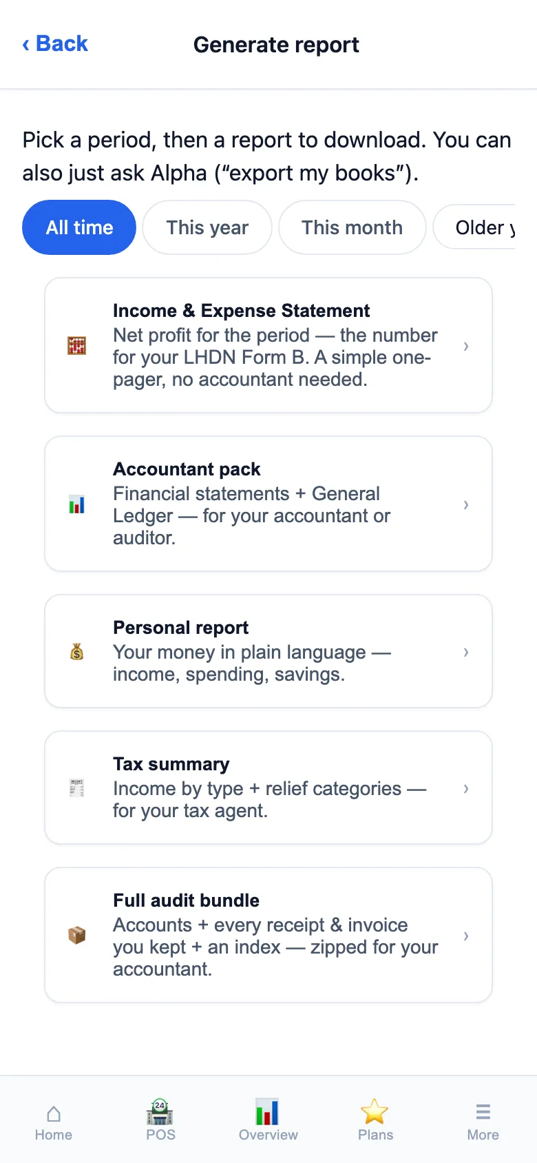 Generate report — the accountant pack and statements as PDF or Excel