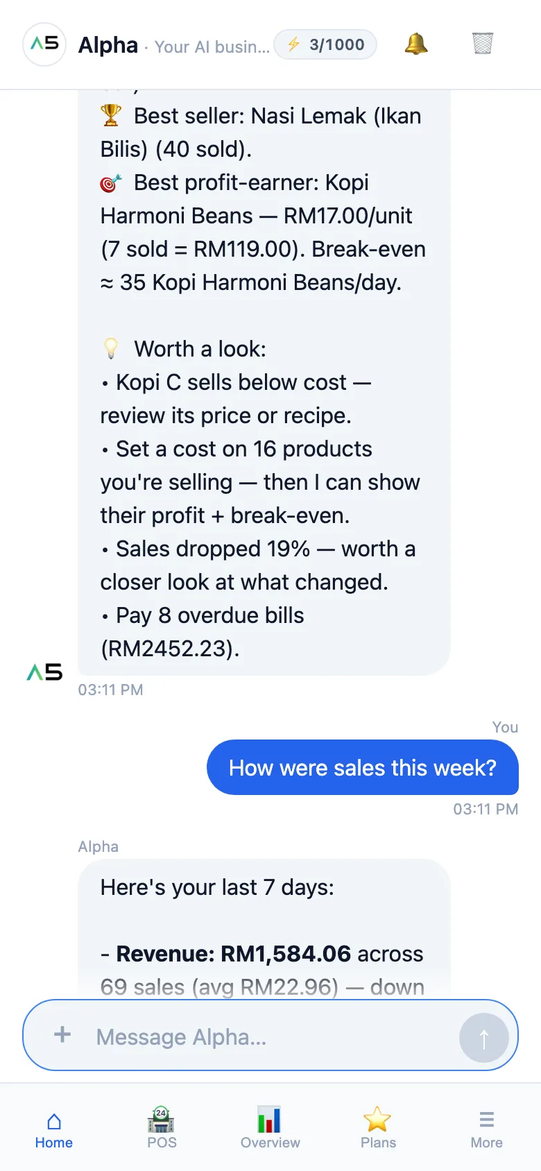 Talking to Alpha, the AI admin, in the app