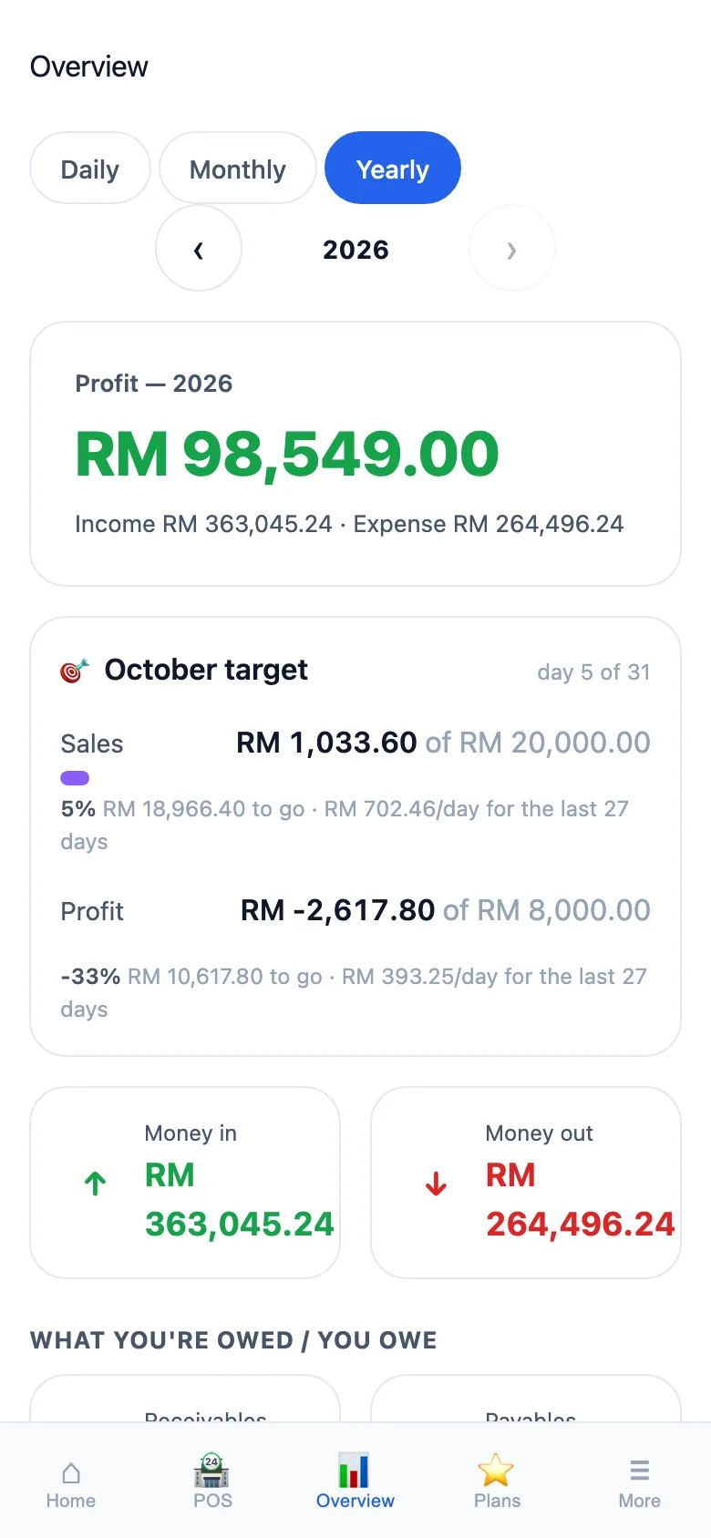 The overview — this year's profit, money in, money out, the month's target