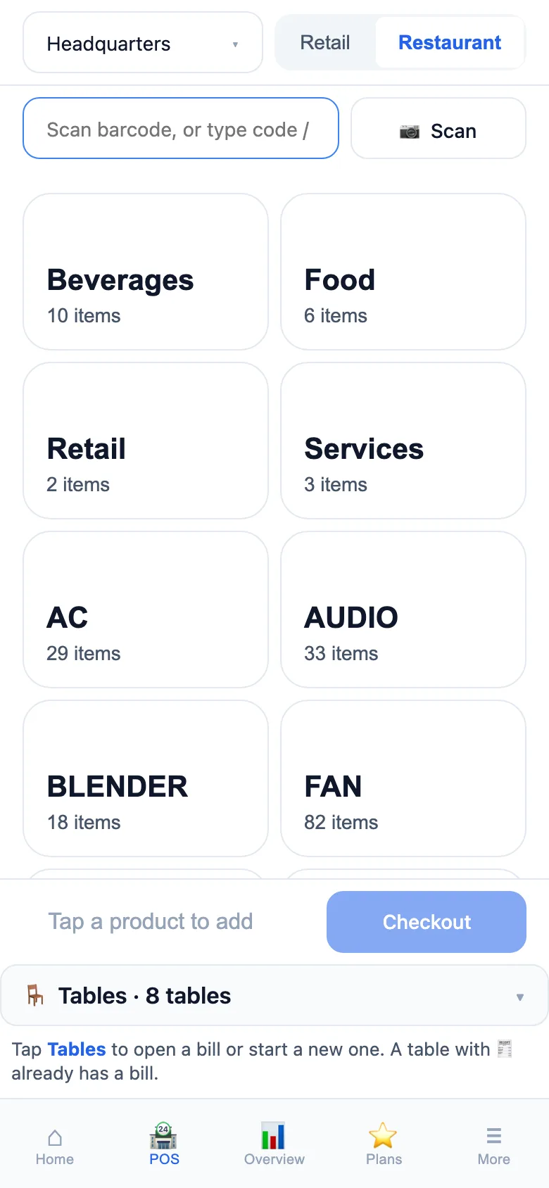 The point of sale on a phone — categories, scan, checkout, tables